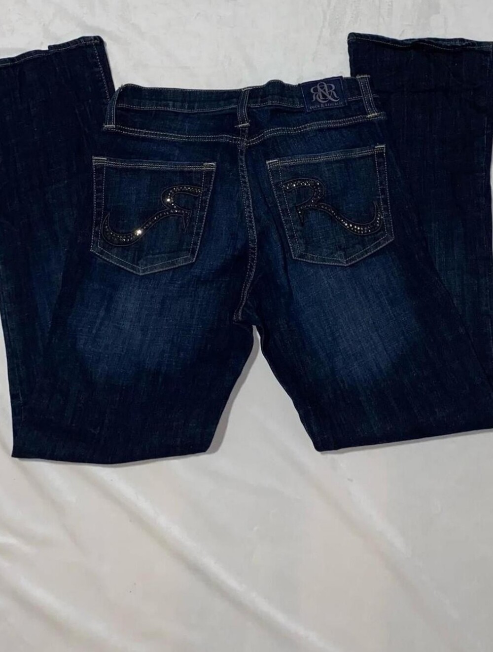 Rocawear Women's Dark Indigo Rhinestone Back-Pocket Bootcut Jeans